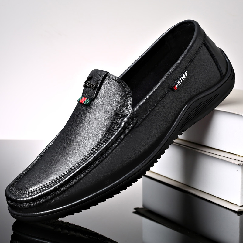 2023 Spring and Summer New Genuine Leather Men's Peas Shoes Flat Bottom Comfort Soft Leather Slip-on Men's Shoes Sub-Factory Wholesale