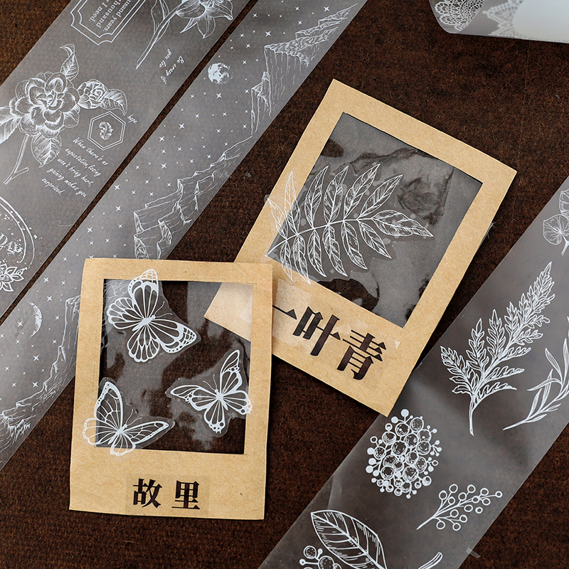 雾面pet白墨胶带 手账拼贴diy透明贴纸蝴蝶花边碎花装饰贴画