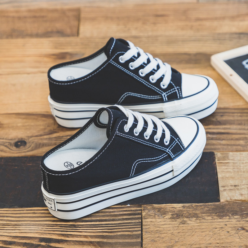 厚底帆布鞋百搭女半拖无后跟懒人韩版2020春季新款内增高小白鞋子