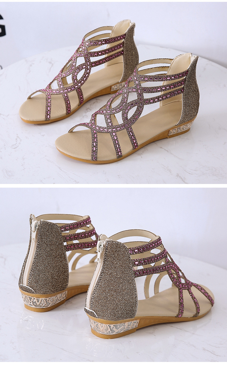 大码女凉鞋2020夏欧美水钻包跟露趾凉鞋后拉链镂空坡跟罗马鞋代发