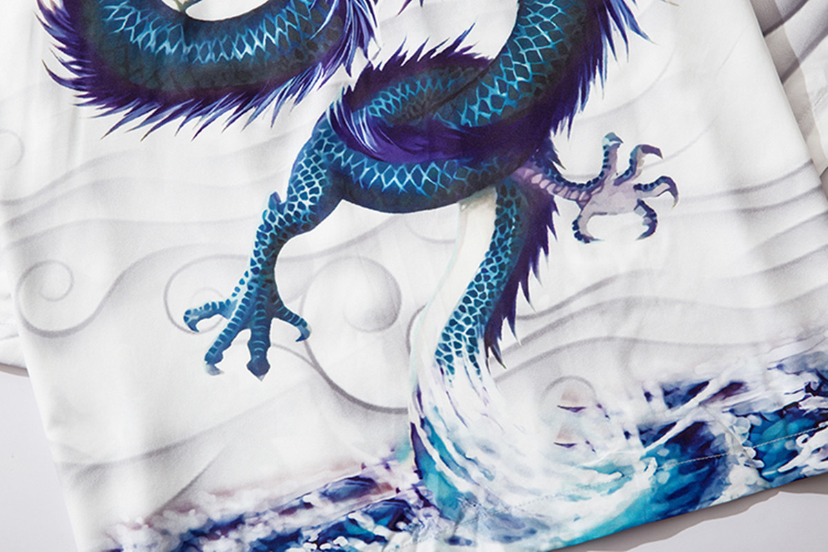 中国风 跨境日系般若纹龙波浪道袍 情侣装男女复古着沙滩衬衫