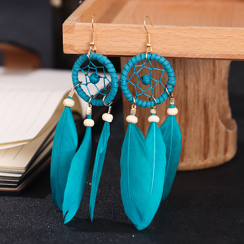 Creative Dreamcatcher Long Coffee Feather Earrings Tassel Earrings Bohemian Foreign Trade Jewelry Gift Wholesale