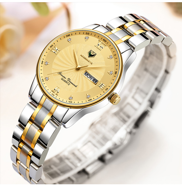 艾达时不锈钢表带石英手表女 网红超薄防水带日历带星期女士手表