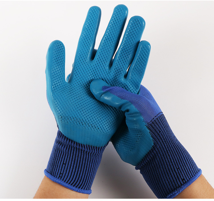 源头工厂13针透气乳胶压纹 浸胶手套结实工地半胶防护劳保手套