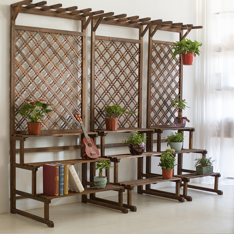 防腐木花架阳台多层阶梯落地式庭院户外花架子室内实木网格花盆架