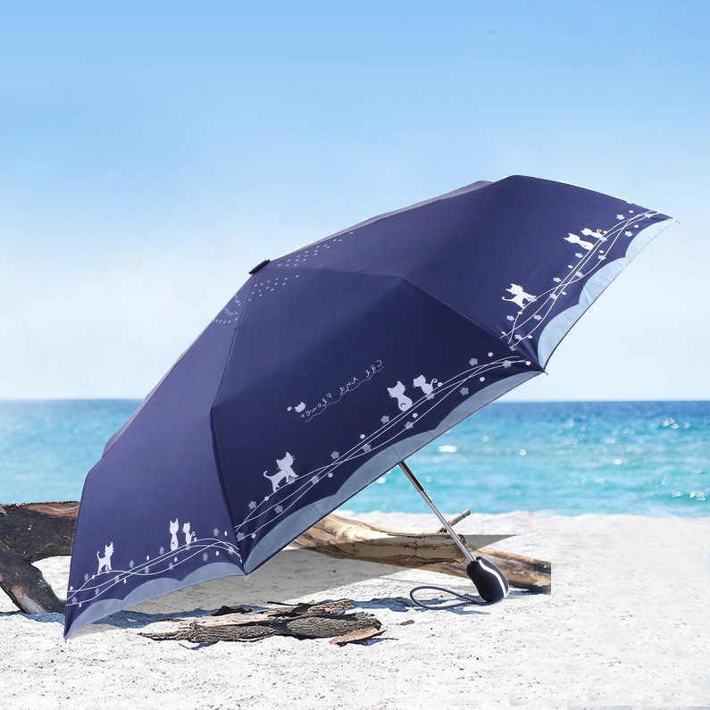 Folding Tri-Fold Sun Umbrella Kitten and Flower Vinyl Ultra-Light Windproof Men's and Women's Self-Opening Umbrella Sun-Shade Advertising Sun Umbrella