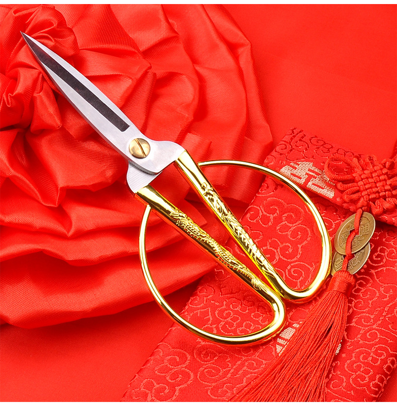 批发供应节日庆典 活动开业剪彩剪刀 结婚用品金色不锈钢龙凤剪刀