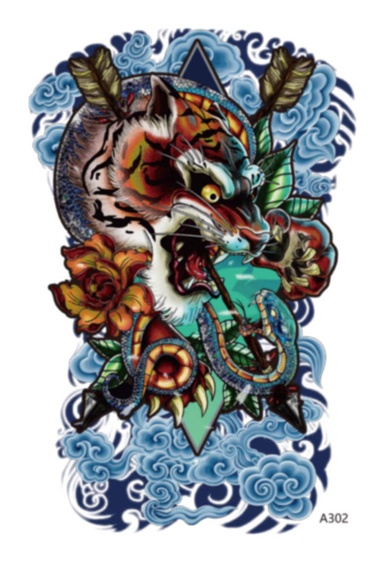 新款a3手绘满背纹身贴纸彩色龙虎鱼中国元素图案纹身满背纹身贴