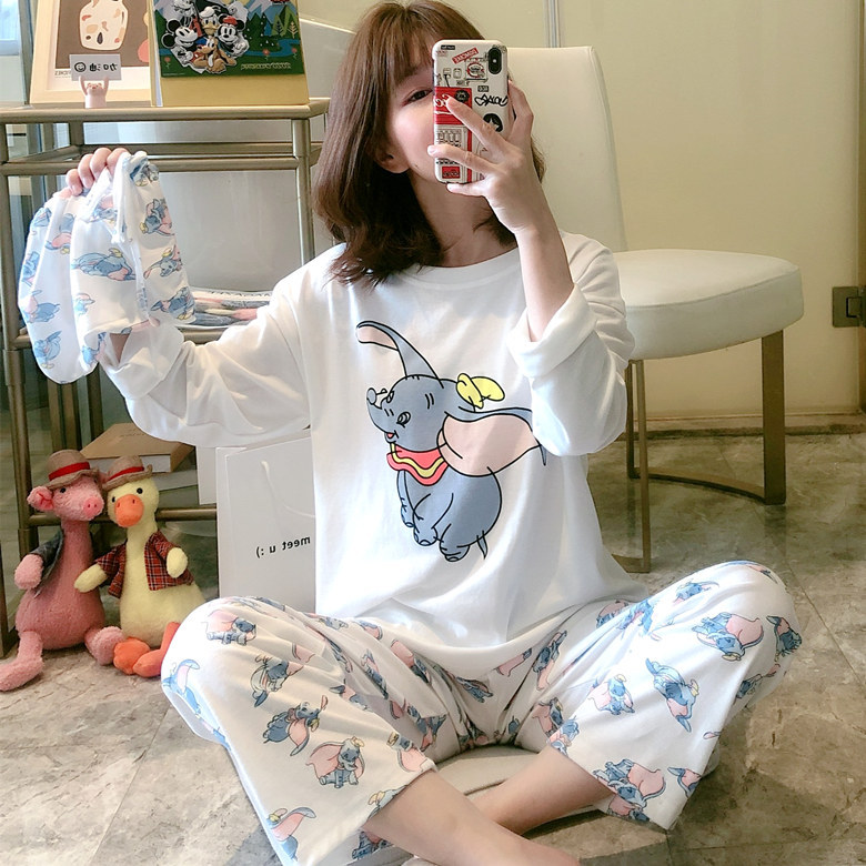 春秋季睡衣女长袖 布袋白小象套装 m-xxl 自拍家居服