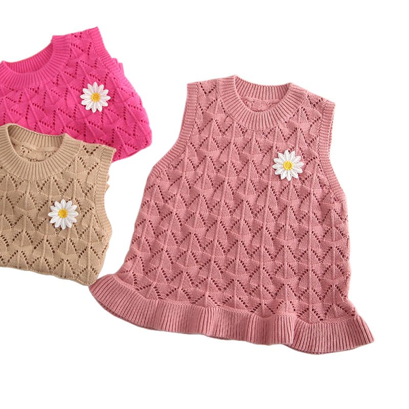 2021新款韩版童装春秋圆领镂空针织背心无袖女童毛衣马甲毛线打底
