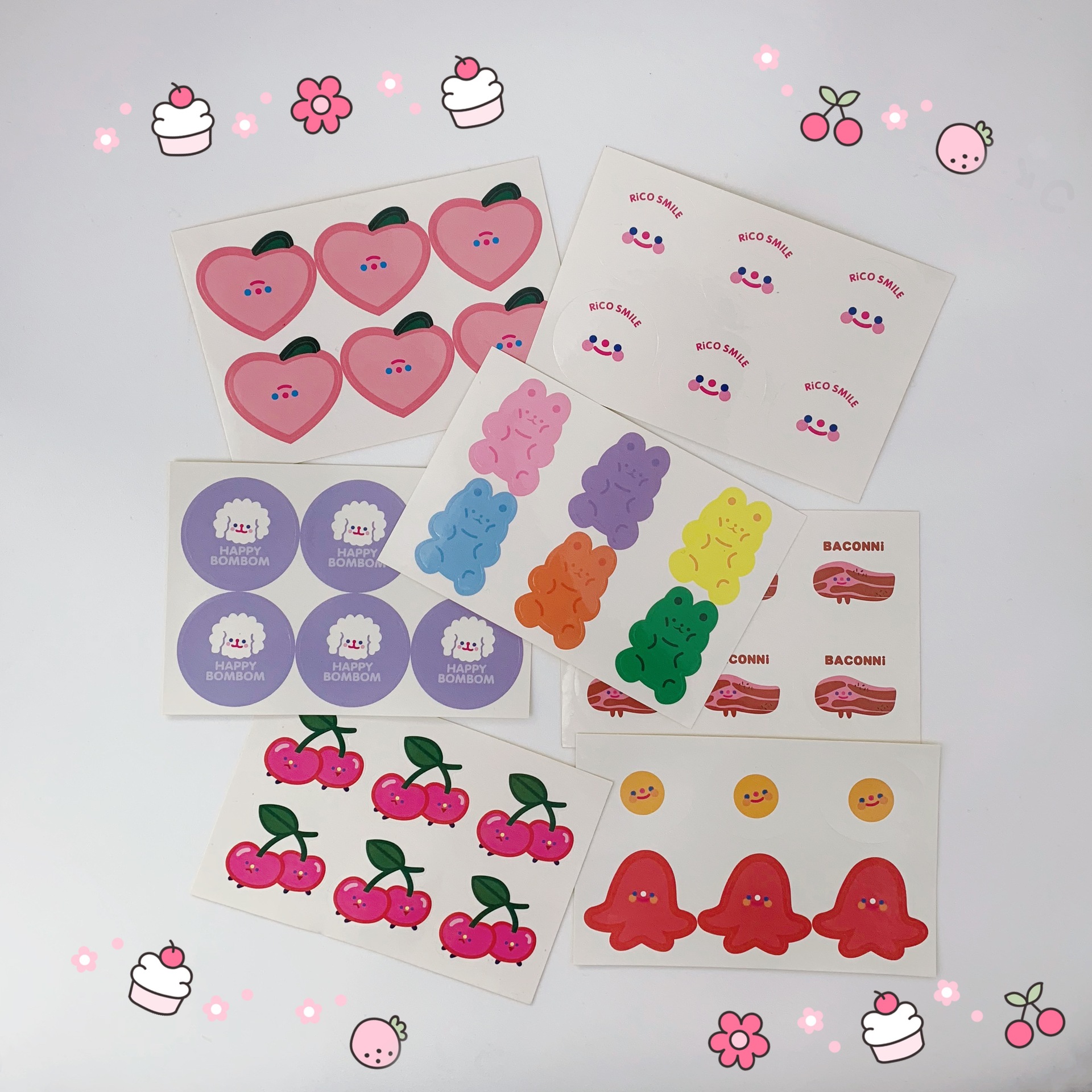 韩国trf网红笑脸培根樱桃子手账笔记装饰贴纸少女可爱防水封口贴