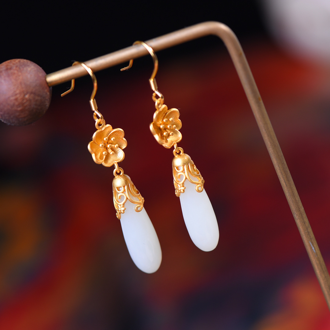 古风耳环超仙中式复古玉兰花朵和田玉耳坠女长款气质 和田玉耳环