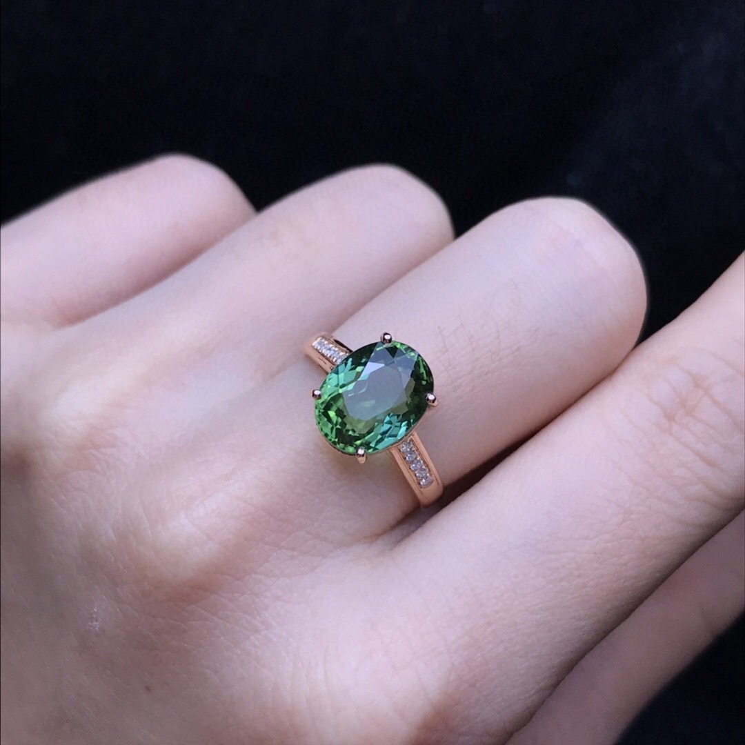 一件代发 时尚简约款 巴西天然绿碧玺戒指18k玫瑰金 椭圆形碧玺
