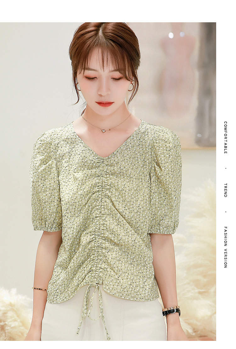 碎花短袖雪纺衫抽绳衣服2020新款女很仙的上衣超仙洋气