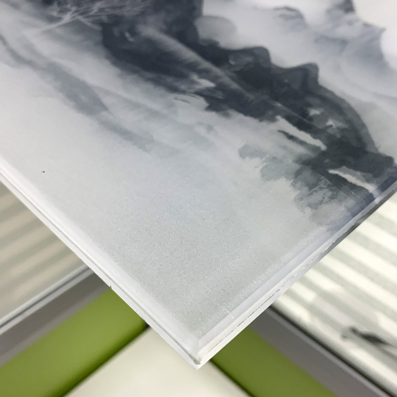 夹丝玻璃山水画均可定制 夹胶夹绢艺术玻璃 景观墙屏风办公室隔断