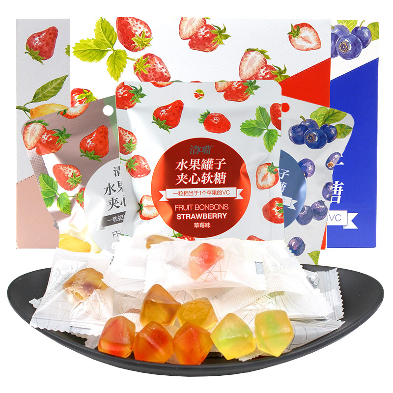 清嘴水果罐子夹心软糖草莓蓝莓味糖果零食30g*10袋超市食品批发