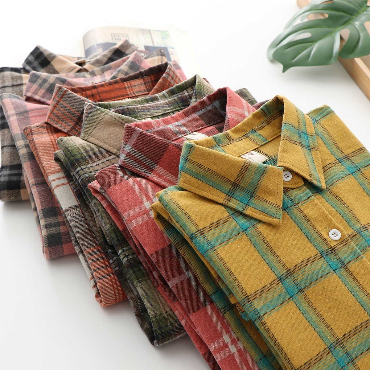 924春秋季新款磨毛棉格子衬衫女宽松韩版外套复古打底上衣女