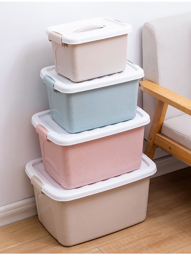 加厚塑料收纳箱印花家用多功能防尘杂物整理箱玩具零食大号储物箱