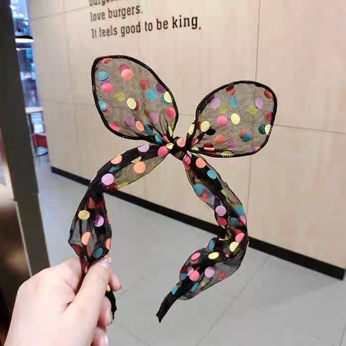 New Transparent Mesh Color Dot Headband Bow Rabbit Ears Exquisite Headband Female European and American Cute Hair Ring