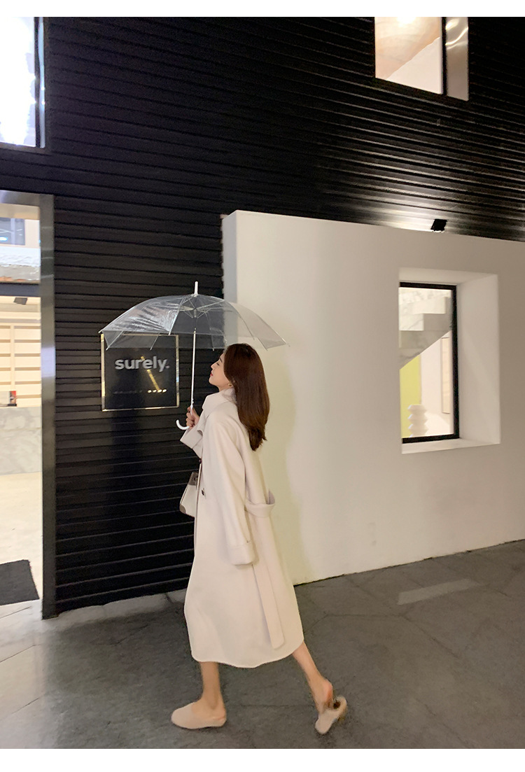 夏诗文毛呢大衣中长款女秋冬翻领设计气质白色毛呢外套