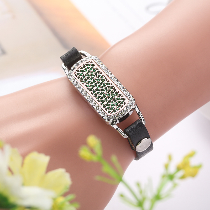 跨境热销欧美新款几何长方形钛钢手环皮质可调节可拆卸香薰手镯