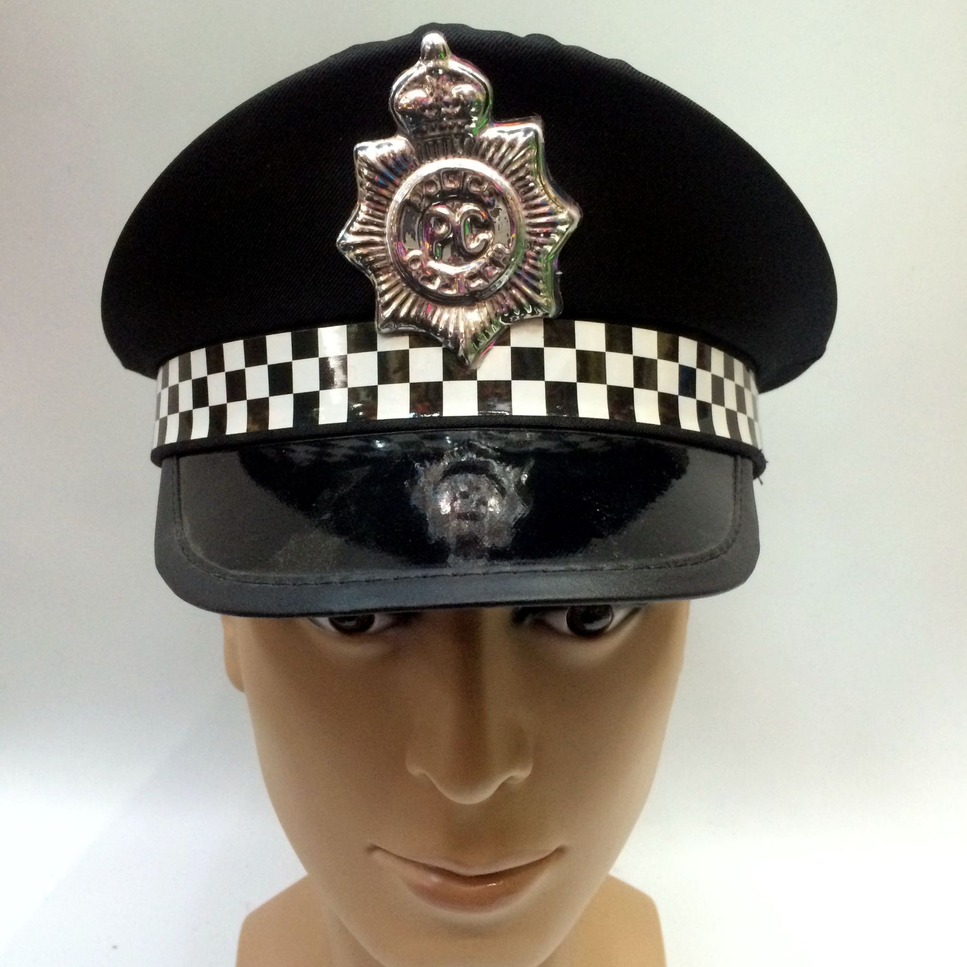 黑色pc警察帽子黑白小方格子带子警长帽子外贸出口各类pc警察帽子