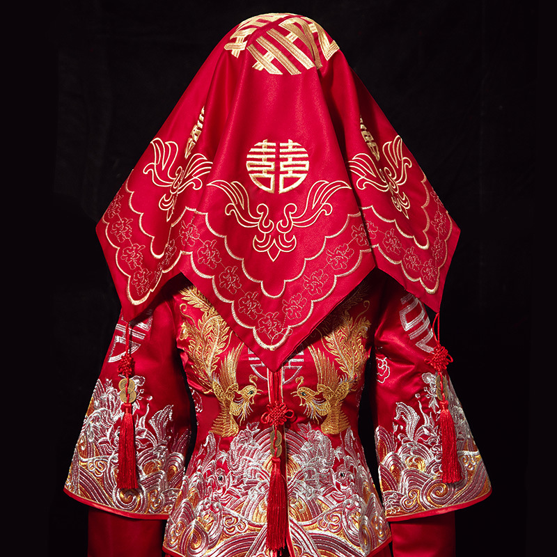 中式婚礼盖头秀禾服结婚红盖头抖音红纱盖头新娘头纱红色秀禾盖头