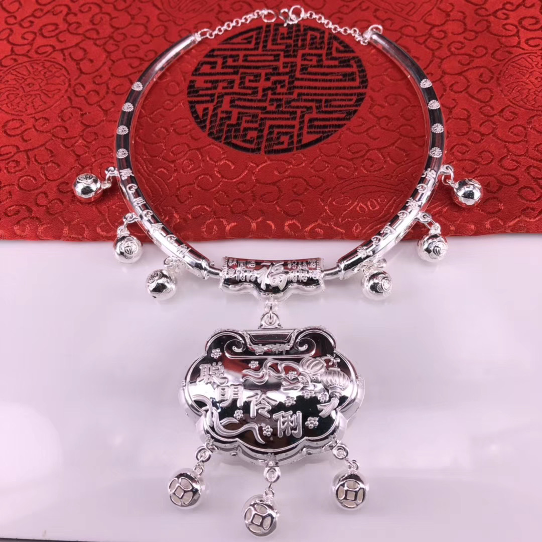 纯银999宝宝富贵吉祥项圈小孩满月周岁生日送礼纯银套锁鲤鱼颈圈