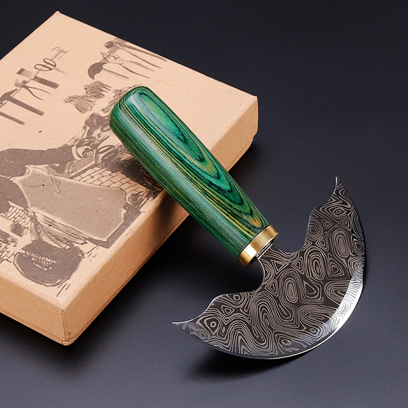 大马士革钢半圆裁皮刀手工diy皮革开料刀削皮刀皮雕工具削薄圆刀