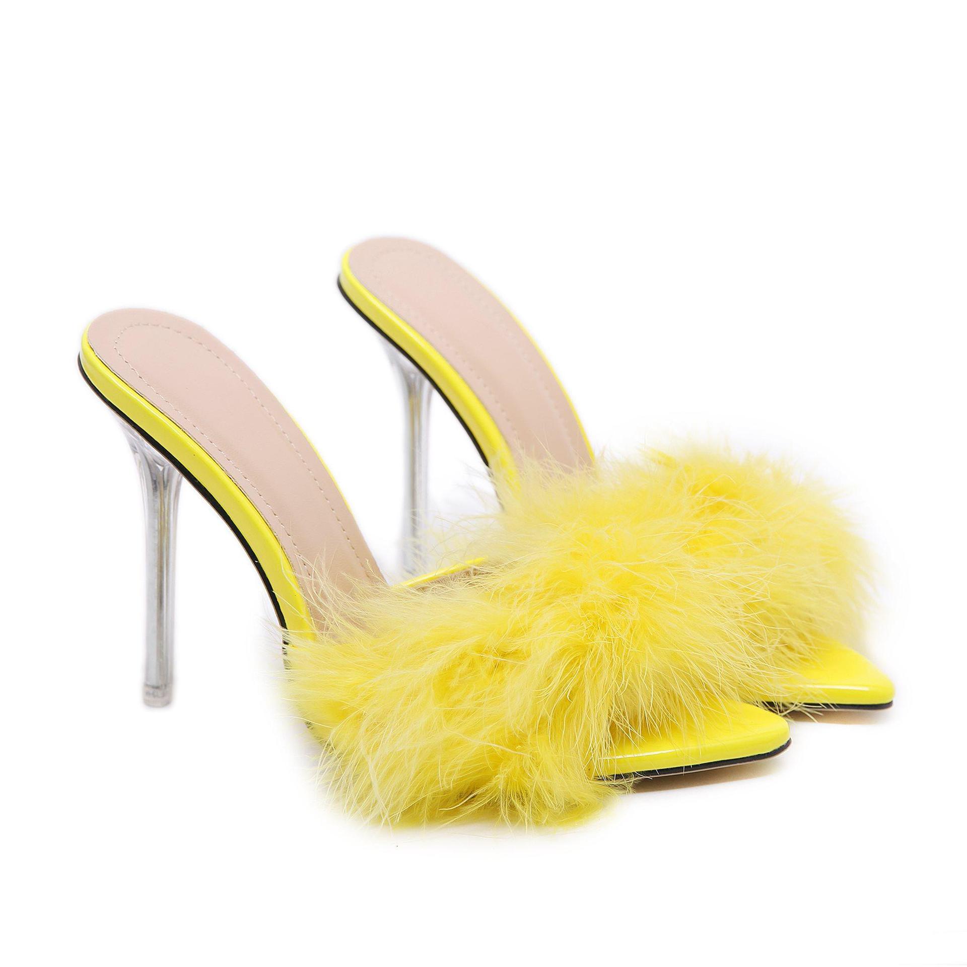 性感超高跟鞋10cm毛毛女外穿凉拖鞋女夏季透明水晶鞋大码情趣鞋跨