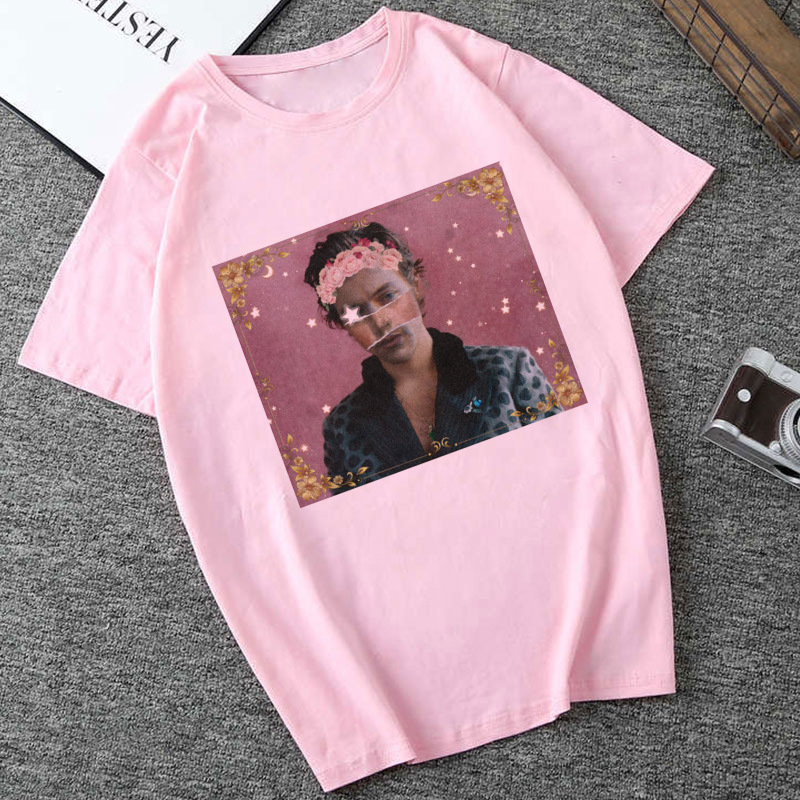 亚马逊同款新款欧美爆款女装harrystyles粉色印花t恤shopee速卖通