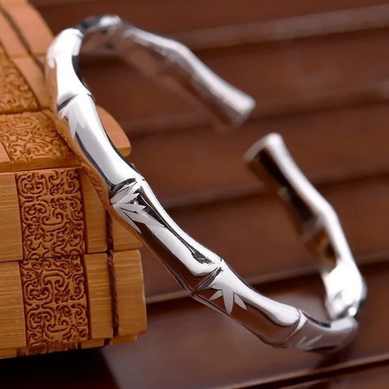 铜镀银竹报平安手镯竹节手镯开口手镯