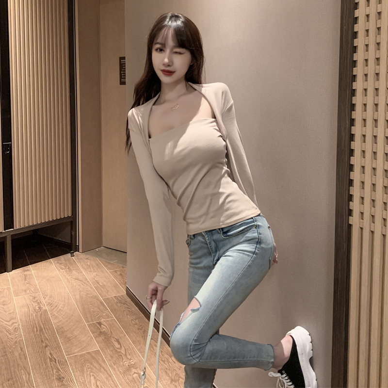 5177097女装夜店性感抹胸式低胸纯色短款打底衫长袖上衣单衣t恤