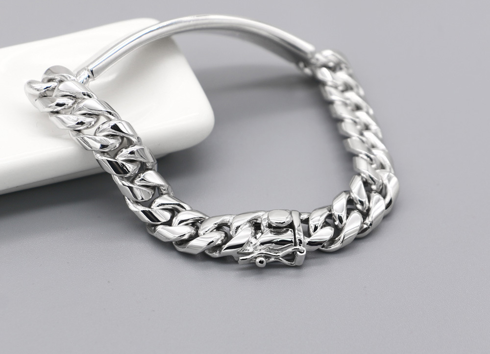 批发简约朋克光身牛仔牌宽手链欧美时尚镀厚铑金男士几何马鞭首饰