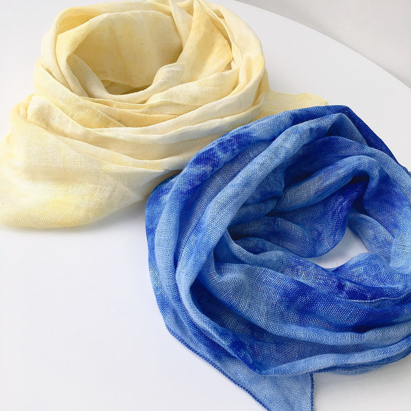 春夏新品亚麻扎染小丝巾薄款透气细窄小围巾特色斜边小围巾新品