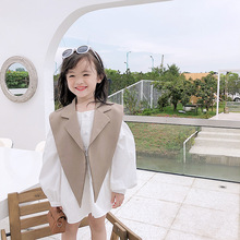 贝贝由乐女童春秋2023新款童装女童韩版西装领披肩衬裙两件套套装