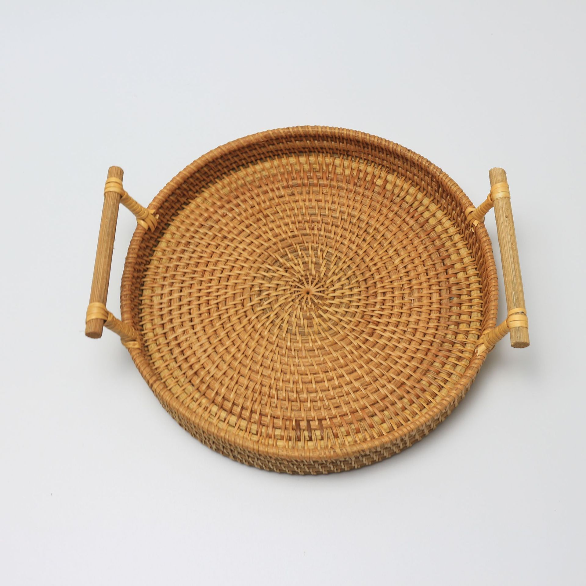 网红越南秋藤手工编织面包水果针线托盘圆形零食水果把手收纳筐篮