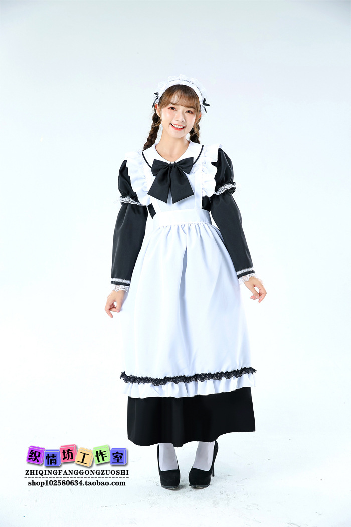 古典英国贵族传统女仆装 长款经典黑白女佣服lolita洋装 长袖两穿