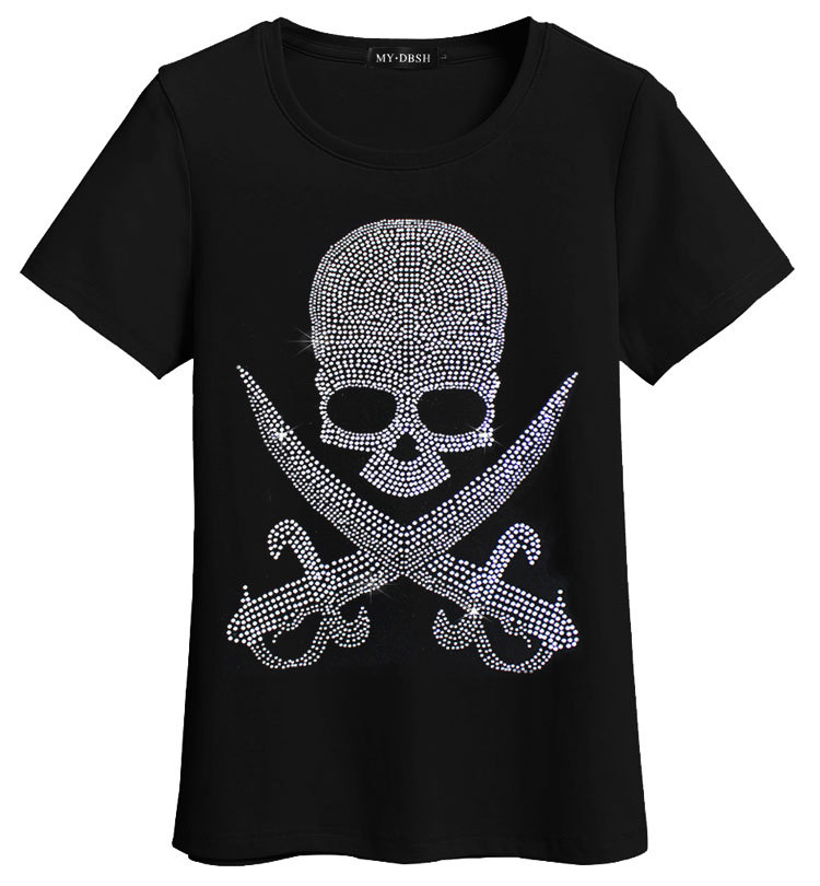 2020夏装短袖女潮流烫钻双刀骷髅t恤情侣装大码套头体恤半袖上衣