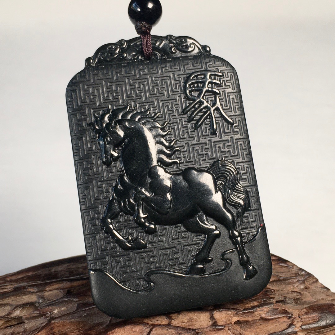 和田玉黑青玉龙马精神玉牌双面精雕龙牌马牌塔青玉墨玉龙马牌挂件