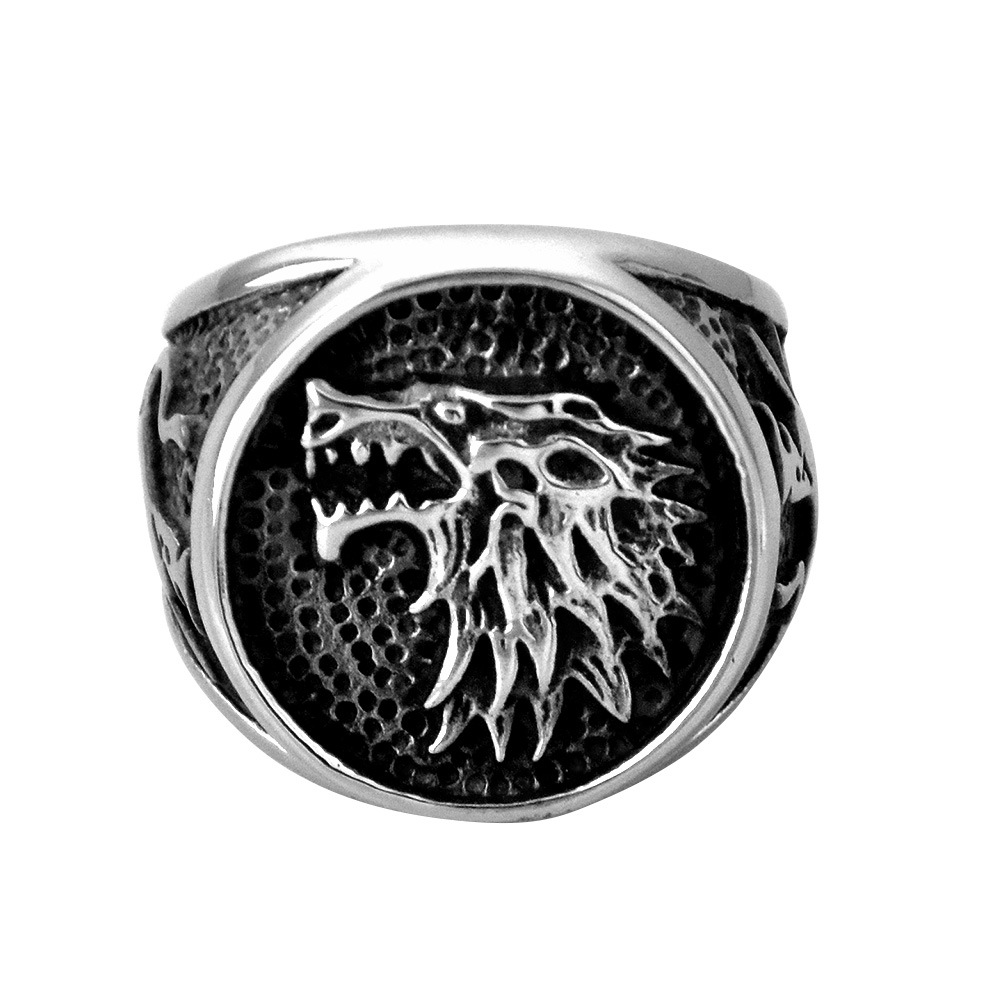 跨境配饰欧美时尚男士钛钢戒指复古狼头不锈钢指环