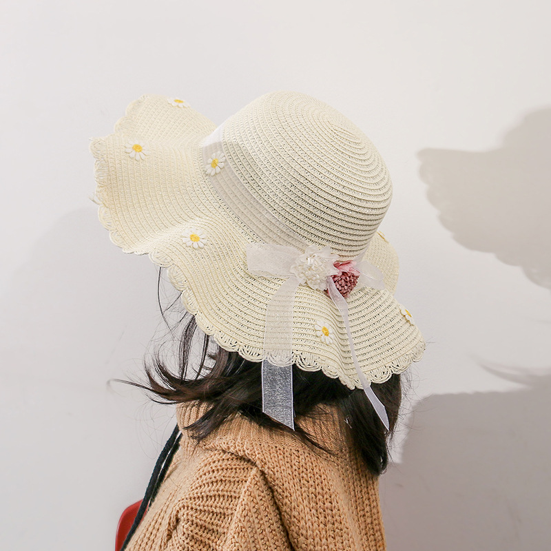 草帽女夏可折叠大沿遮阳帽女孩沙滩帽小菊花波浪边丝带蝴蝶结凉帽