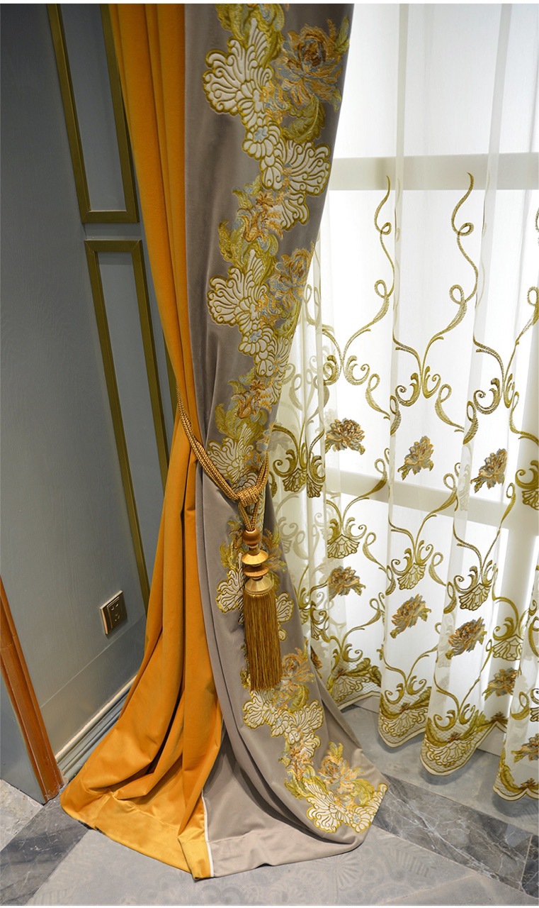 高档定制轻奢新中式绒布拼接绣花别墅窗帘布艺窗纱成品批发特价