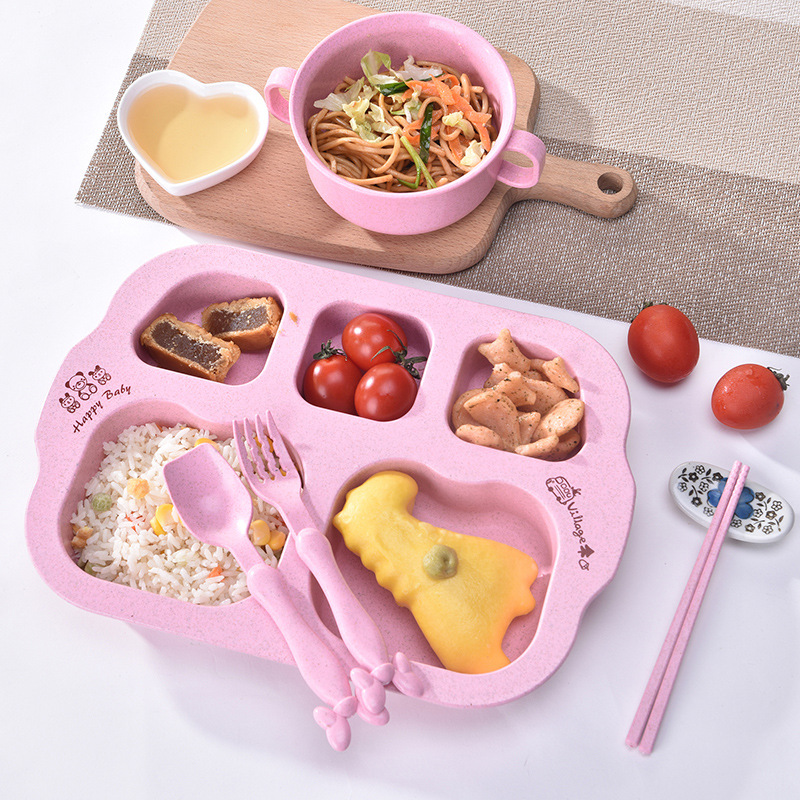 Environmentally Friendly and Healthy Wheat Straw Children‘s Tableware Set Baby Student Breakfast Dish Kindergarten Compartment Plate