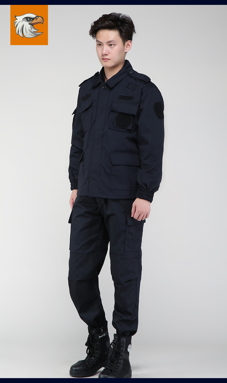 藏青色网格春秋套装加厚长袖黑色保安作训服冬里布物业训练服