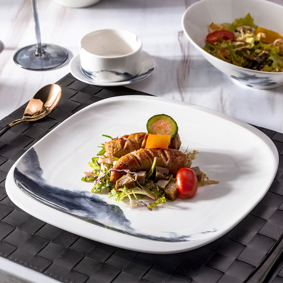 现货新中式特色陶瓷正方盘 创意菜热菜菜盘 创意私人会所酒店瓷