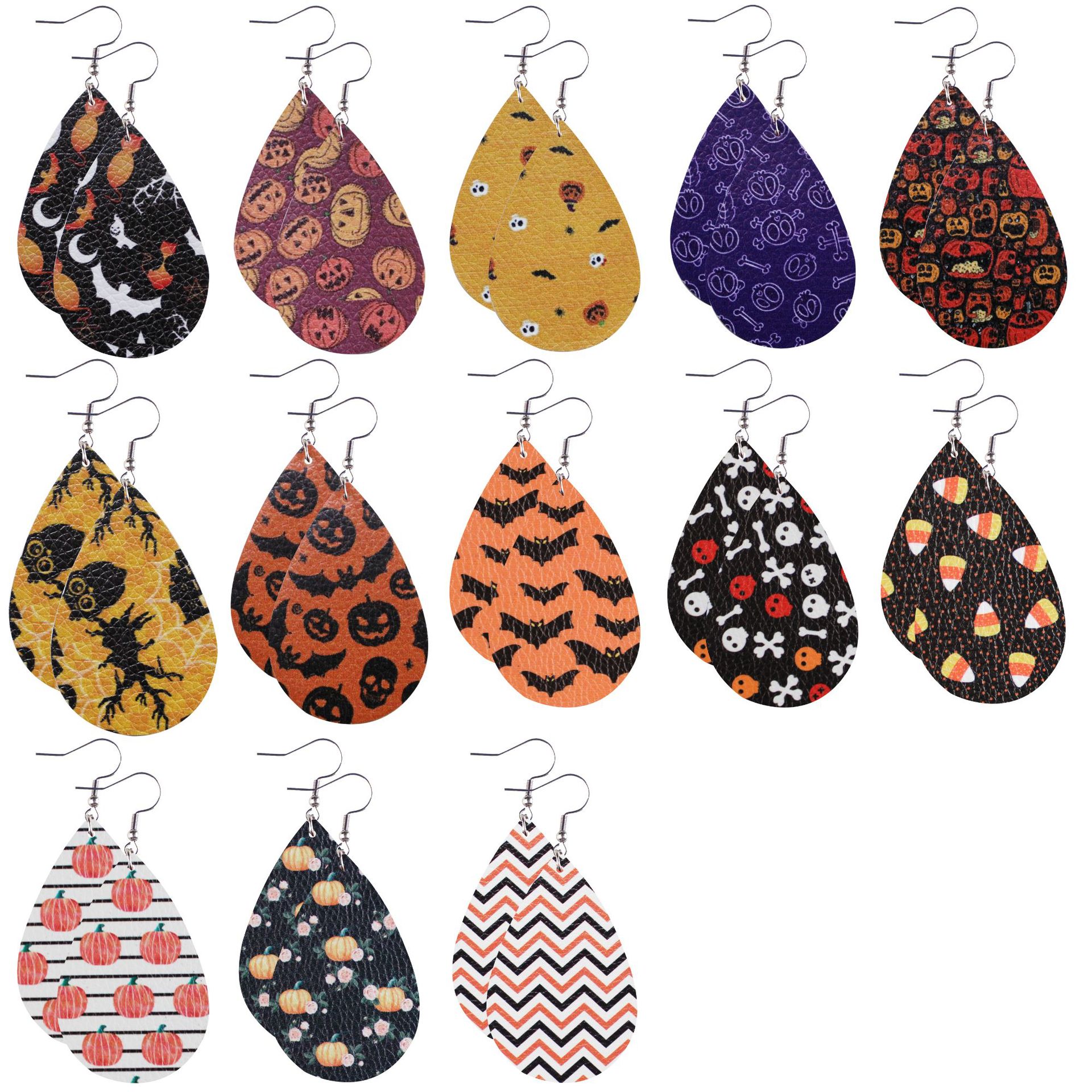 Halloween Double-Sided Leather Earrings Ghost Festival Pumpkin Skull Water Drop Pu Earrings Creative Cross-Border Earrings Wholesale