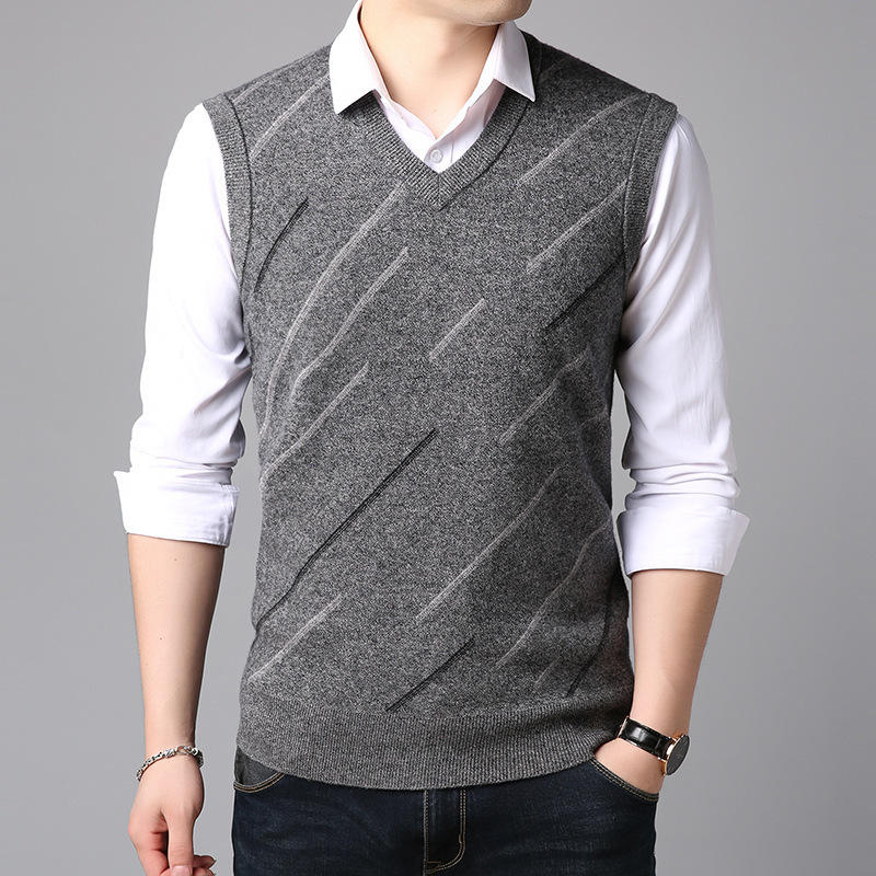 秋冬季男士羊毛背心v领针织衫坎肩中年男装毛衣马甲无袖