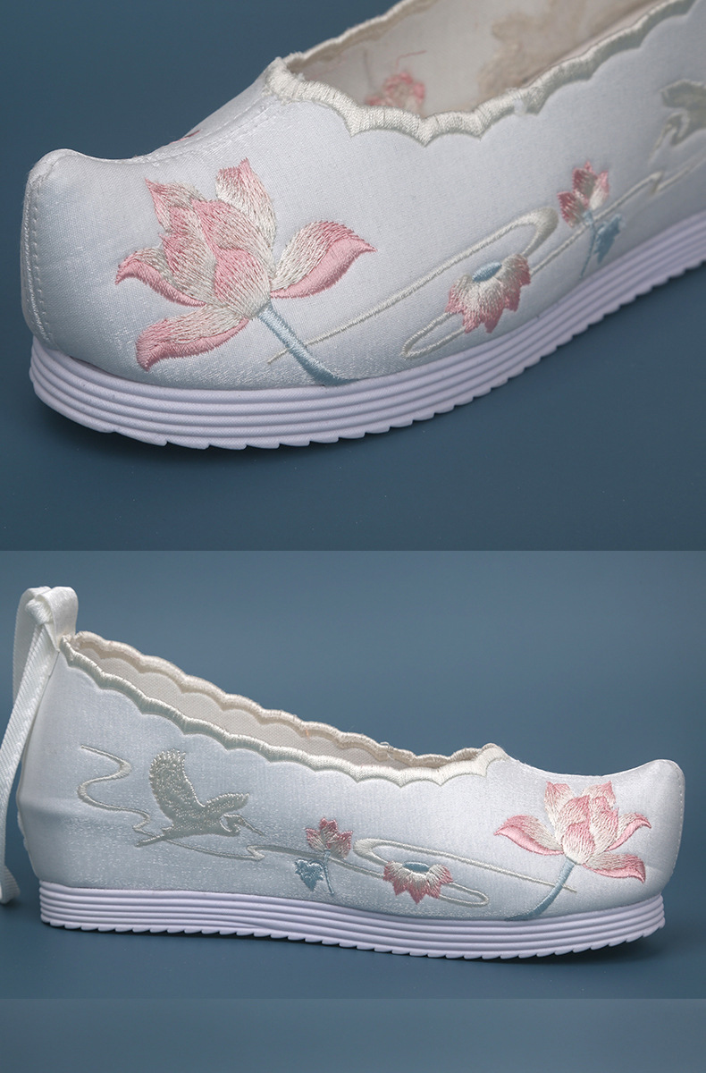 秋冬季新款莲鹭汉服鞋花边绣花鞋女翘头古风鞋内增高古装翘头弓鞋