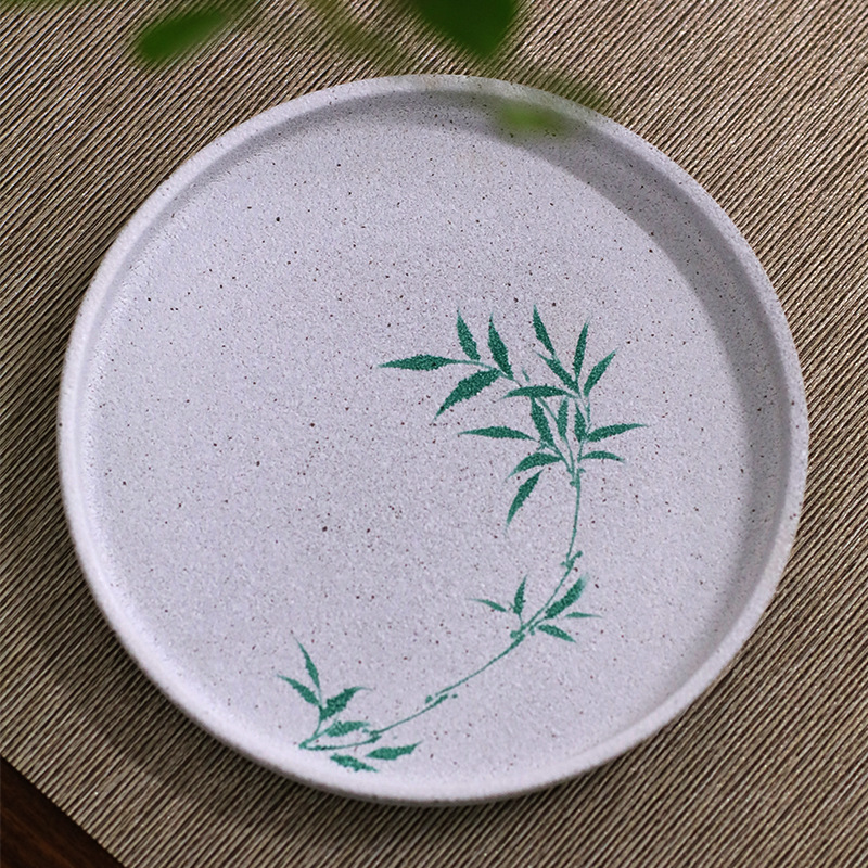 艺虹陶瓷日式粗陶釉上彩手绘竹子小圆盘壶拖小茶盘干泡盘小茶盘